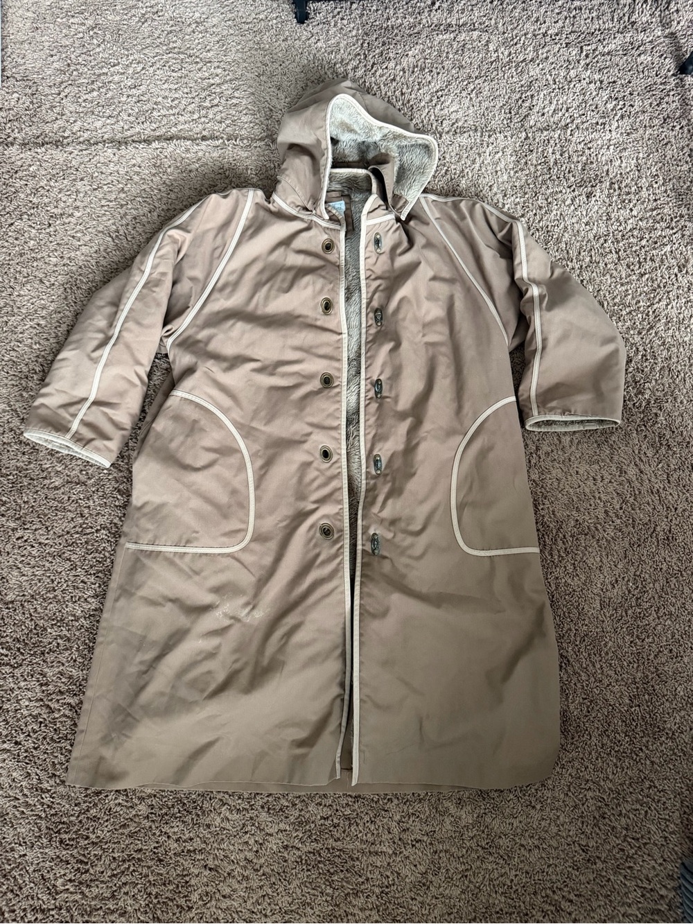 Executive Suite Hooded Coat in Taupe with Cream Trim